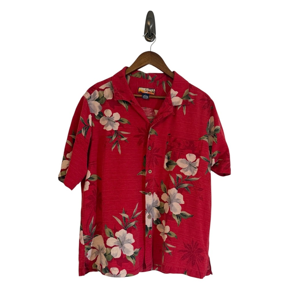 Havana Jack's Cafe Button Up Shirt Red L Mens Floral Silk Camp Casua Tropicall